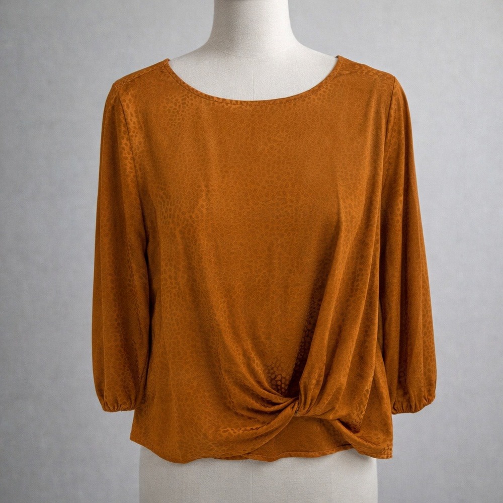 Dressbarn Blouse Womens Medium Rust Orange Animal Jacquard Twist Front Satin 3/4